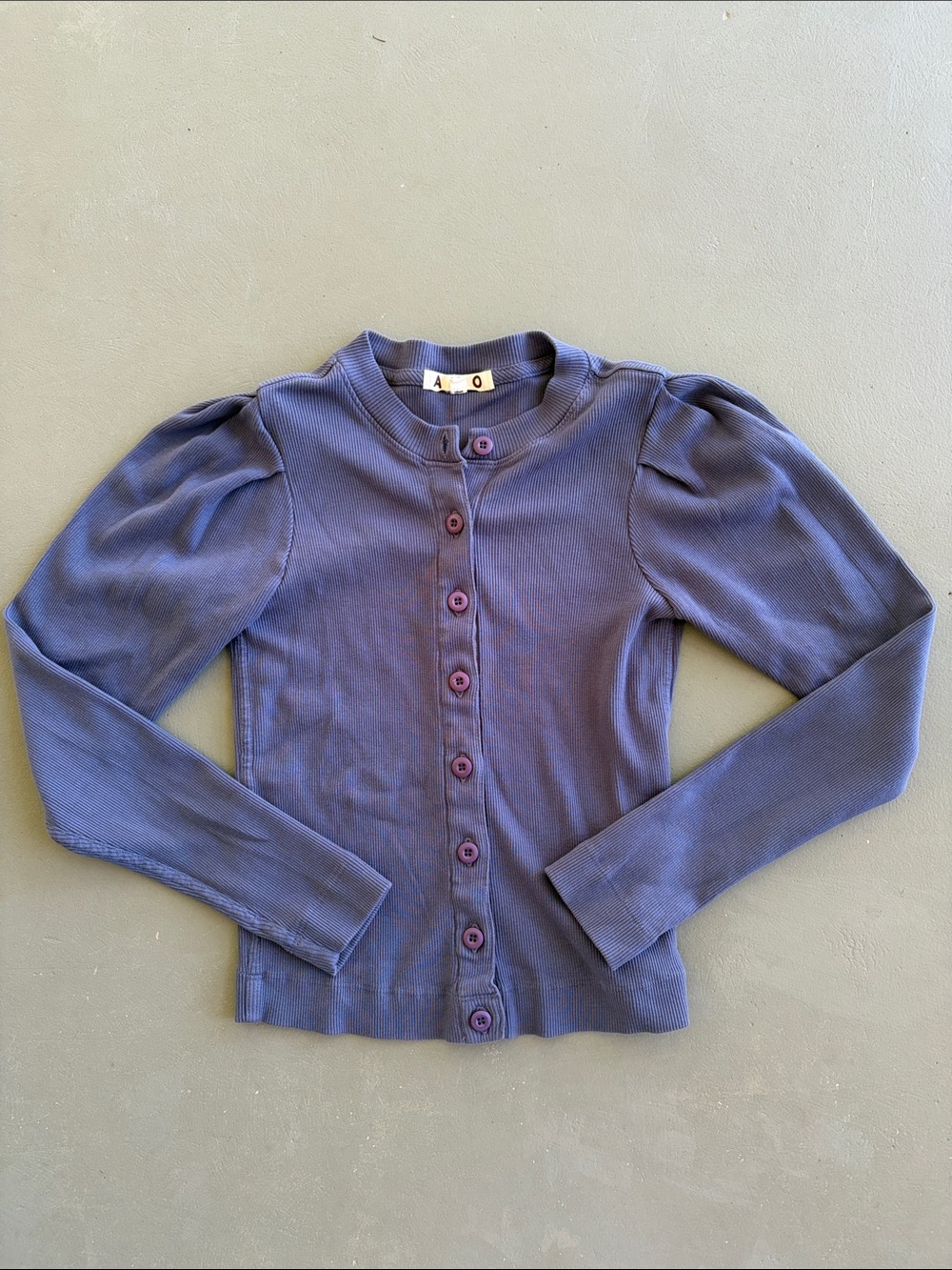 AMO Blue Puff Sleeve Ribbed Button Front Cardigan Size Small